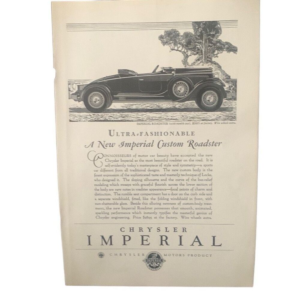 Vintage 1929 Chrysler Imperial Custom Roadster Ad Advertisement
